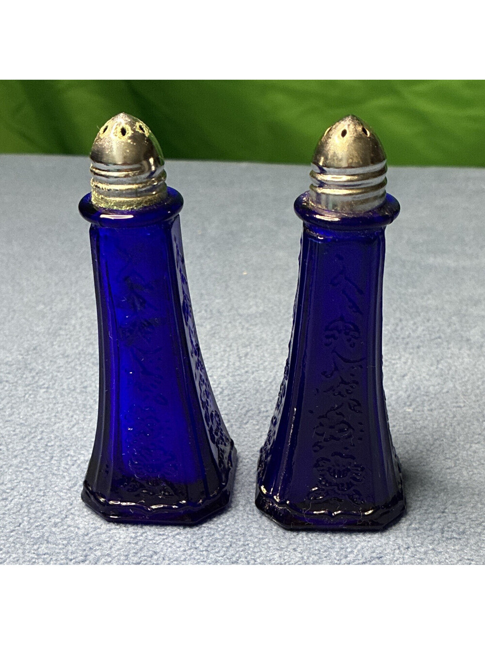 Cobalt Blue Glass Salt & Pepper Shakers Set of 2, Metal Tops,-0071